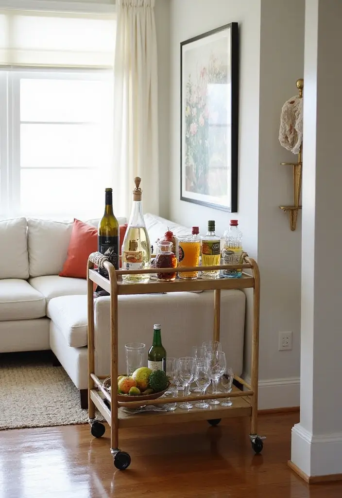 27 Pottery Barn Living Room Ideas for Timeless and Elegant Inspiration - 25. Inviting Bar Cart