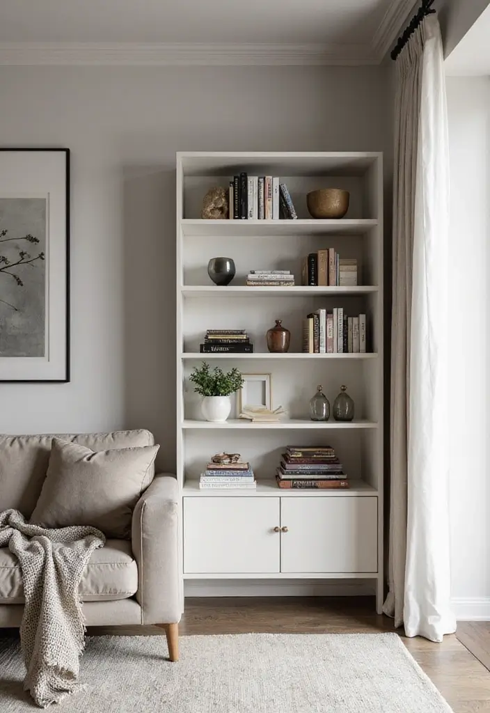 27 Simple Living Room Ideas for Effortless and Stylish Home Design 23 27 Simple Living Room Ideas for Effortless and Stylish Home Design - 23. Curated Bookshelves