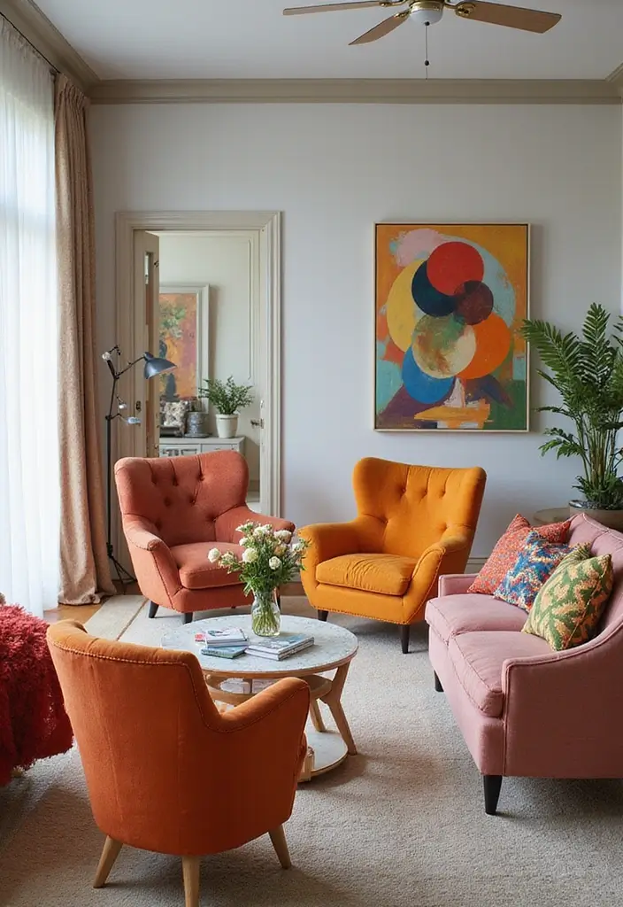 28 80s Living Room Ideas That Bring Retro Charm and Nostalgia 22 28 80s Living Room Ideas That Bring Retro Charm and Nostalgia - 22. Colorful Accent Chairs