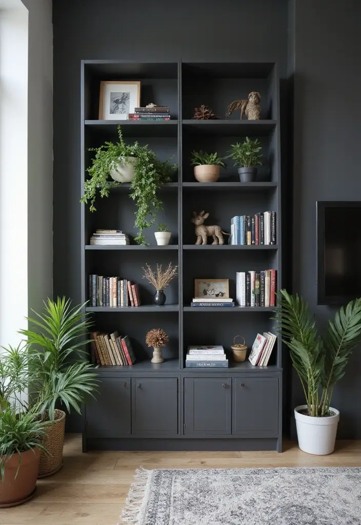 28 Black and Grey Living Room Ideas for Modern Bold and Chic Interiors 13 28 Black and Grey Living Room Ideas for Modern Bold and Chic Interiors - 13. Shelving Solutions