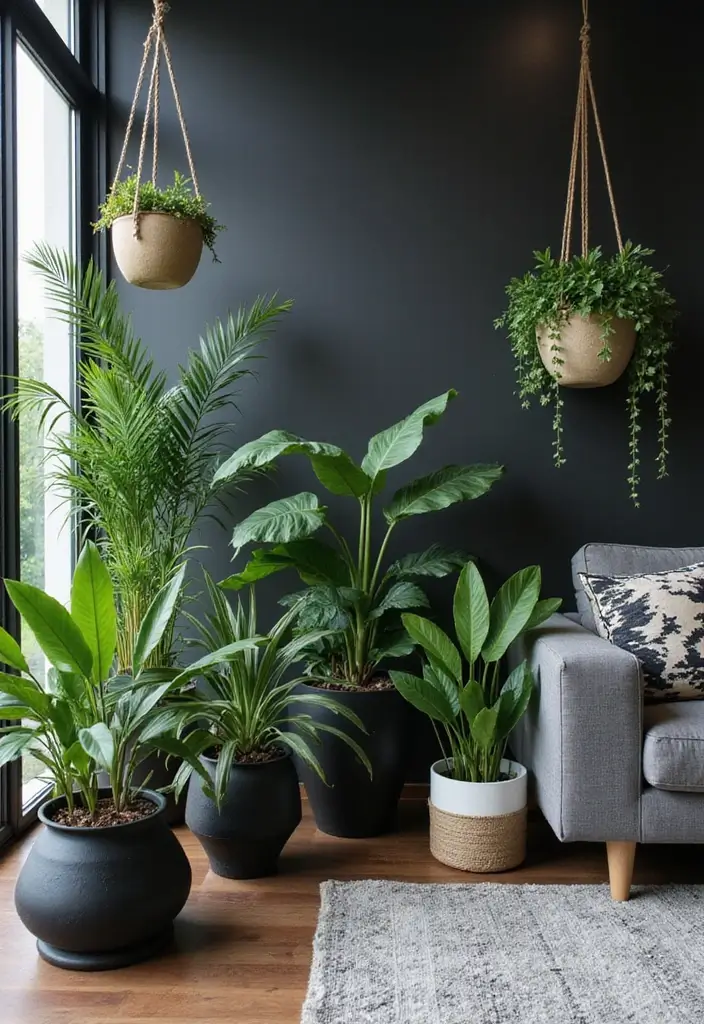 28 Black and Grey Living Room Ideas for Modern Bold and Chic Interiors 17 28 Black and Grey Living Room Ideas for Modern Bold and Chic Interiors - 17. Greenery Accents