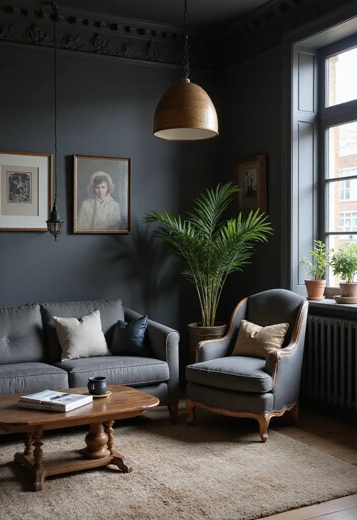 28 Black and Grey Living Room Ideas for Modern Bold and Chic Interiors 20 28 Black and Grey Living Room Ideas for Modern Bold and Chic Interiors - 20. Vintage Touches