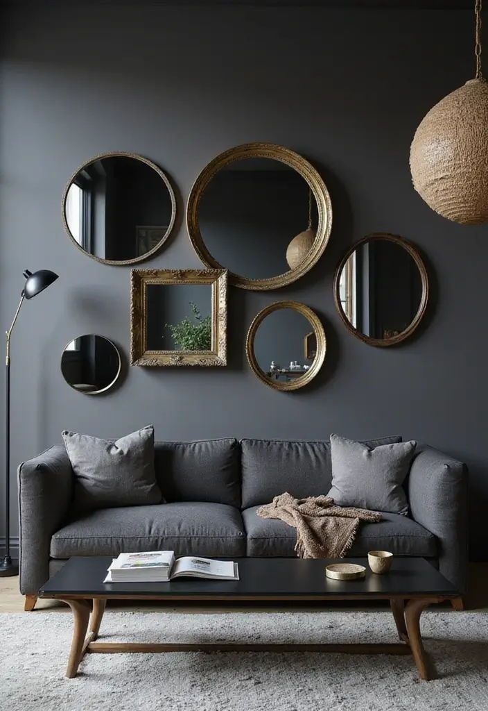 28 Black and Grey Living Room Ideas for Modern Bold and Chic Interiors 22 28 Black and Grey Living Room Ideas for Modern Bold and Chic Interiors - 22. Artful Mirrors