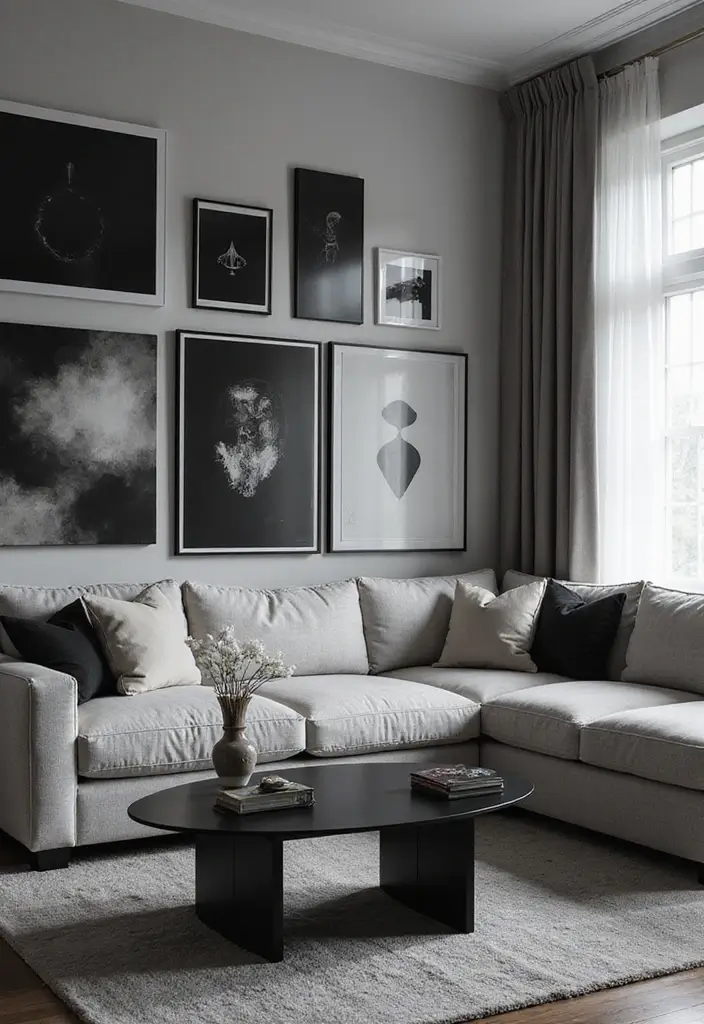 28 Black and Grey Living Room Ideas for Modern Bold and Chic Interiors 7 28 Black and Grey Living Room Ideas for Modern Bold and Chic Interiors - 7. Artistic Features