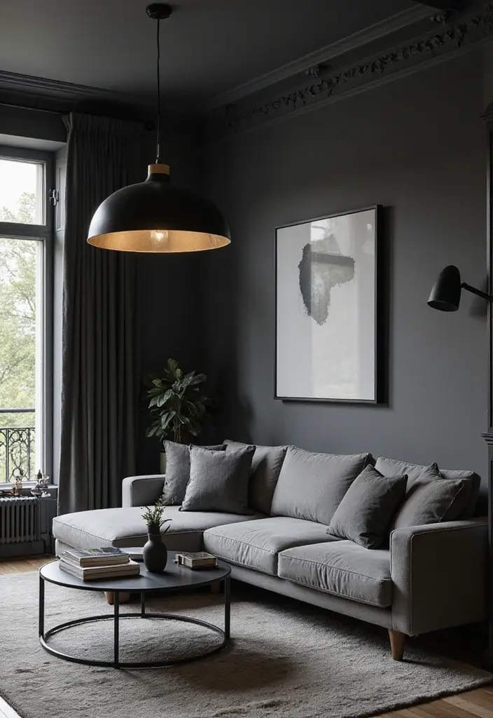 28 Black and Grey Living Room Ideas for Modern Bold and Chic Interiors 9 28 Black and Grey Living Room Ideas for Modern Bold and Chic Interiors - 9. Modern Statement Lighting