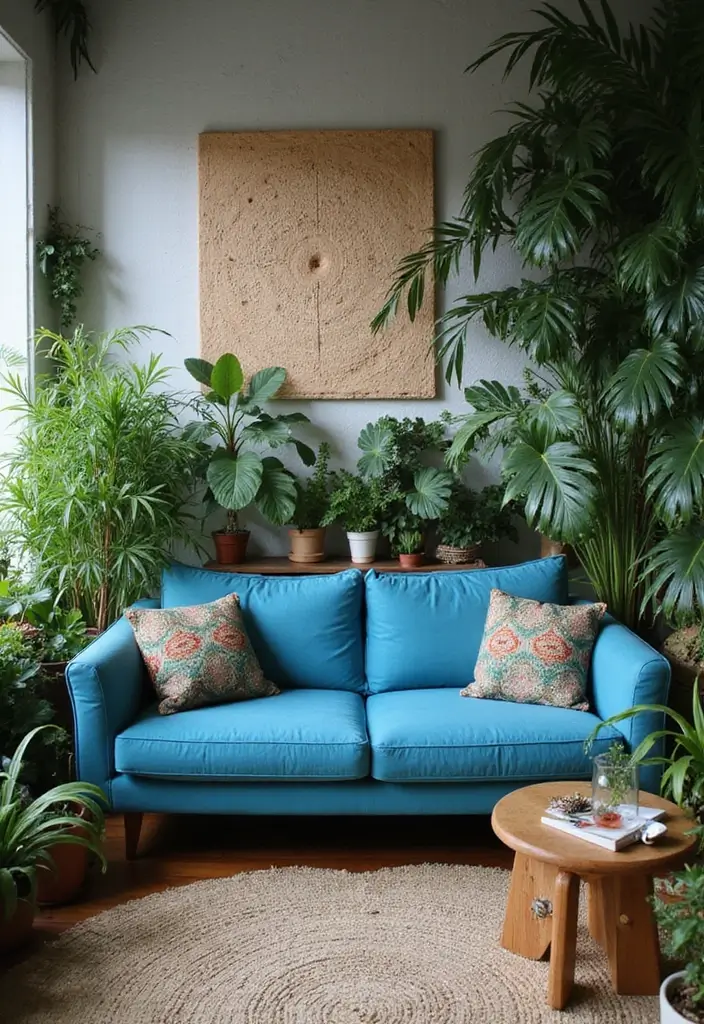 28 Blue Couch Living Room Ideas for Stylish and Modern Home Vibes 8 28 Blue Couch Living Room Ideas for Stylish and Modern Home Vibes - 8. Urban Jungle