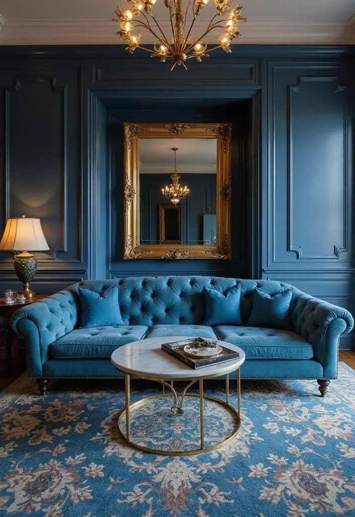 28 Blue Couch Living Room Ideas for Stylish and Modern Home Vibes 9 28 Blue Couch Living Room Ideas for Stylish and Modern Home Vibes - 9. Glamorous Touch