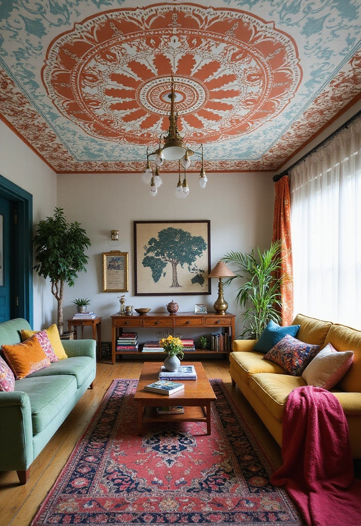 28 Ceiling Design Living Room Ideas That Transform Your Space 12 28 Ceiling Design Living Room Ideas That Transform Your Space - 12. Stenciled Ceilings for Unique Flair