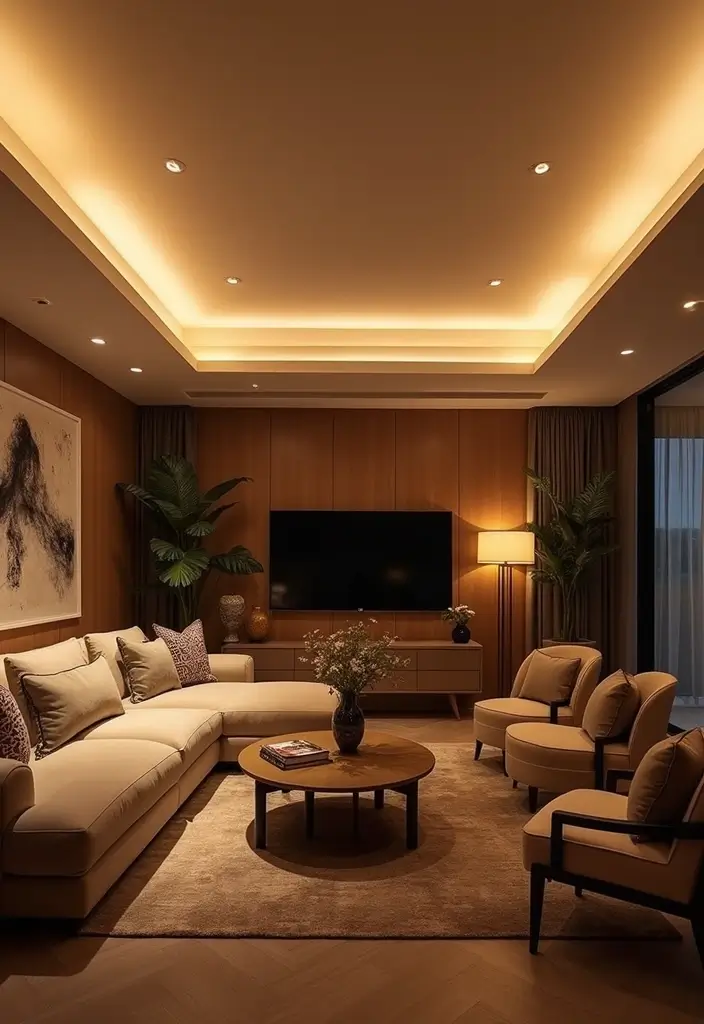 28 Ceiling Design Living Room Ideas That Transform Your Space 27 28 Ceiling Design Living Room Ideas That Transform Your Space - 27. Layered Lighting for Atmosphere