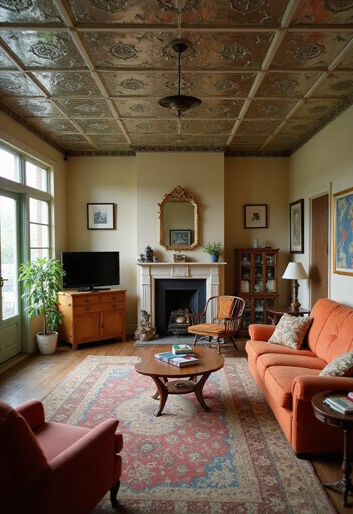 28 Ceiling Design Living Room Ideas That Transform Your Space 3 28 Ceiling Design Living Room Ideas That Transform Your Space - 3. Vintage Tin Tiles for a Retro Vibe