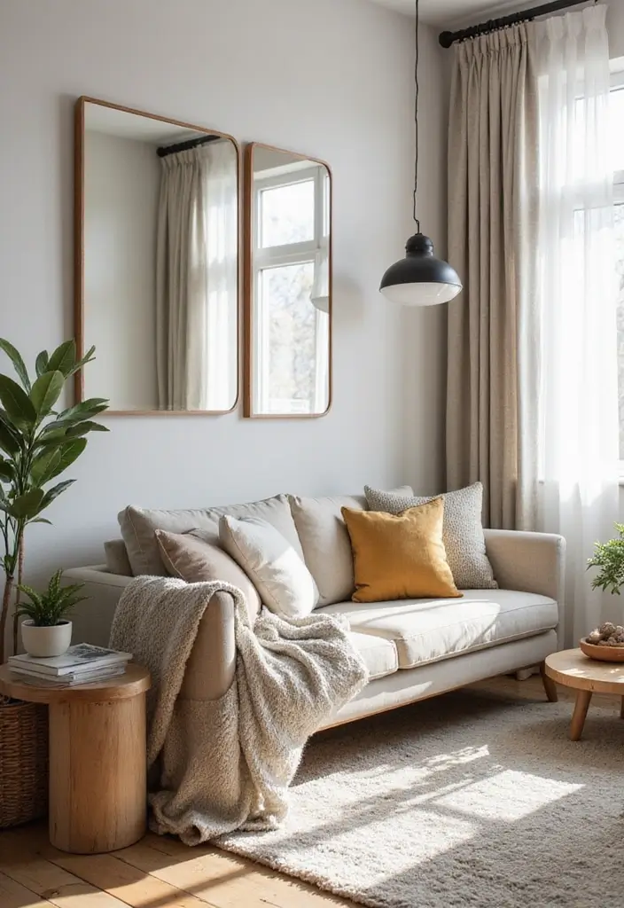 28 Cozy Apartment Living Room Ideas for Small Yet Inviting Spaces - 14. Use Mirrors Wisely