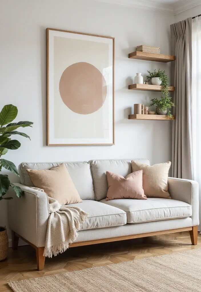 28 Cozy Apartment Living Room Ideas for Small Yet Inviting Spaces - 23. Simplistic Wall Decor