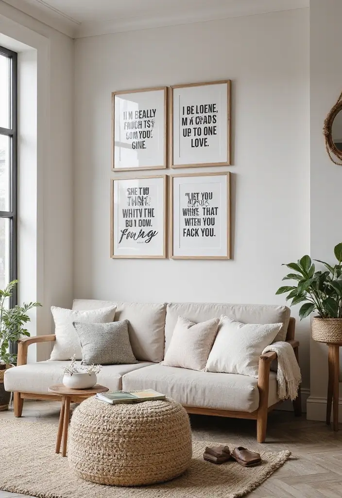 28 Cozy Apartment Living Room Ideas for Small Yet Inviting Spaces - 24. Inspiring Quotes