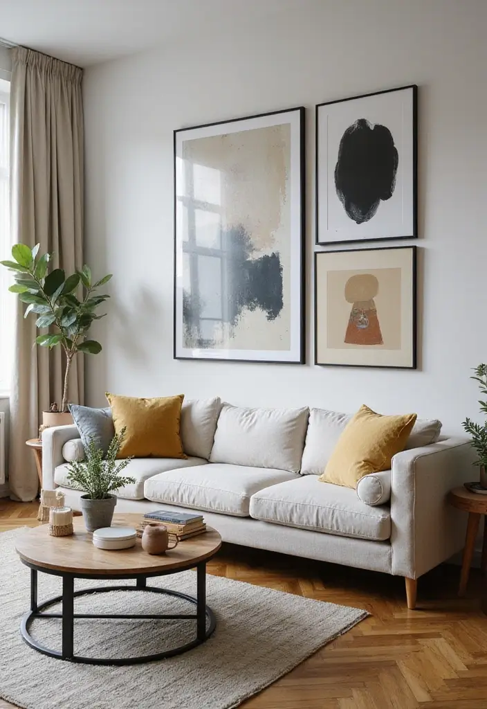 28 Cozy Apartment Living Room Ideas for Small Yet Inviting Spaces - 3. Statement Art Pieces