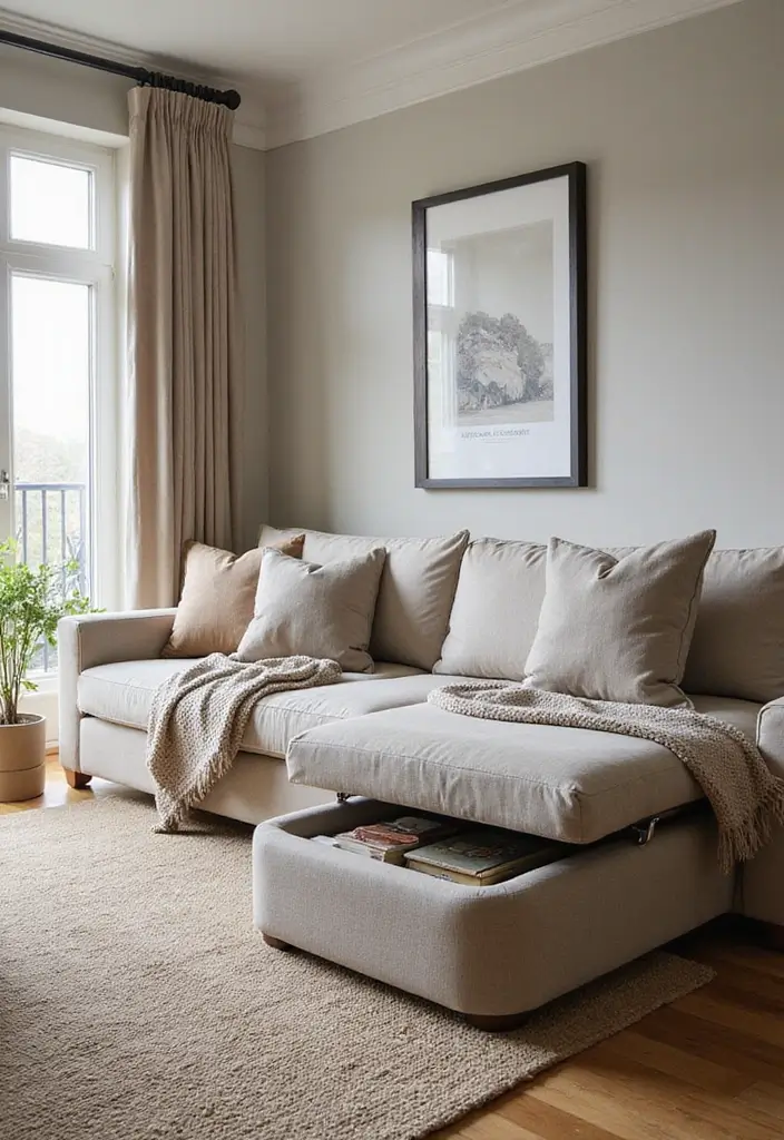 28 Cozy Apartment Living Room Ideas for Small Yet Inviting Spaces - 7. Multi-Functional Furniture