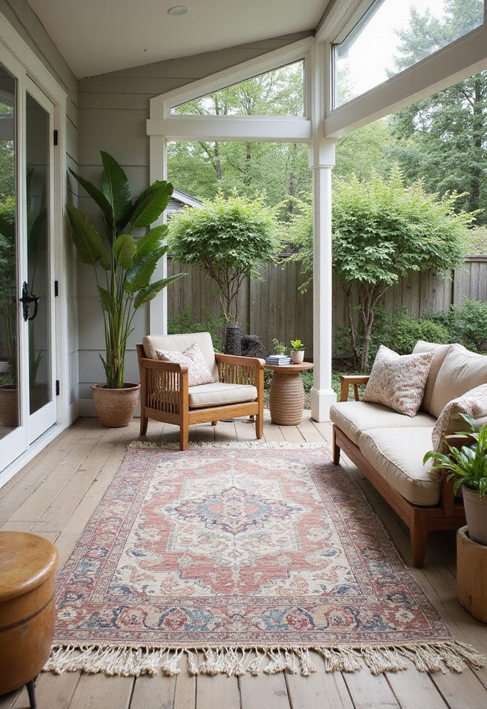 28 Living Room Carpet Ideas That Add Comfort and Design to Any Space - 15. Indoor-Outdoor Rugs