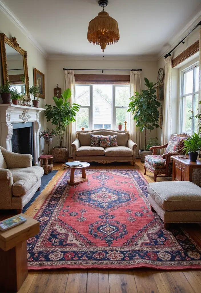 28 Living Room Carpet Ideas That Add Comfort and Design to Any Space - 26. Colorful Region Rugs