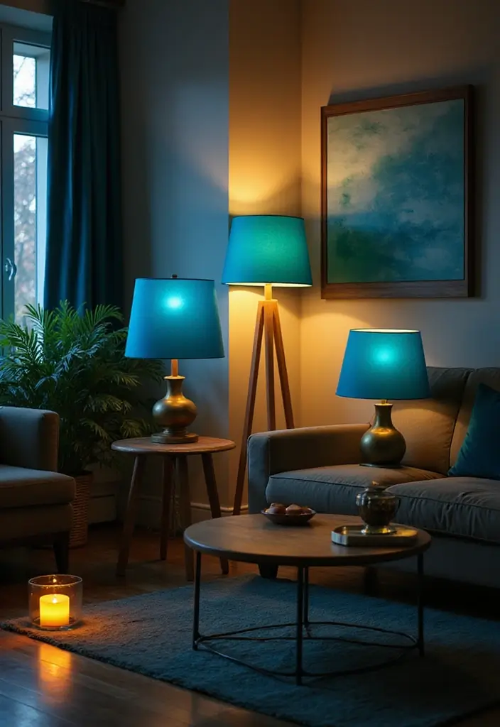 29 Blue and Green Living Room Ideas That Blend Freshness and Style 10 29 Blue and Green Living Room Ideas That Blend Freshness and Style - 10. Layered Lighting