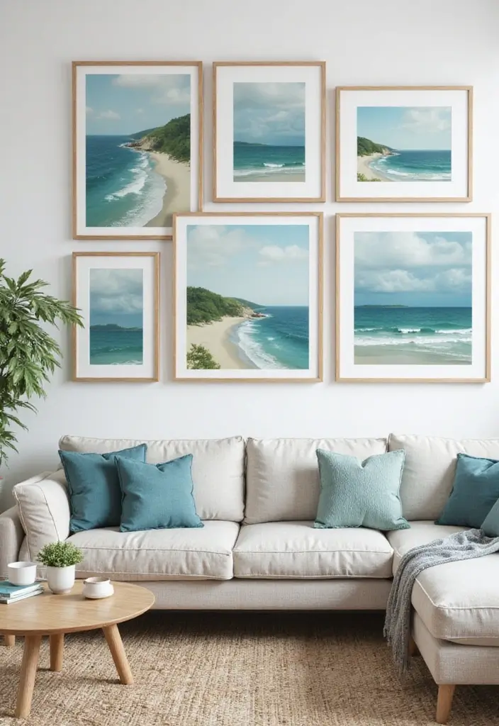 29 Blue and Green Living Room Ideas That Blend Freshness and Style 11 29 Blue and Green Living Room Ideas That Blend Freshness and Style - 11. Coastal Artwork