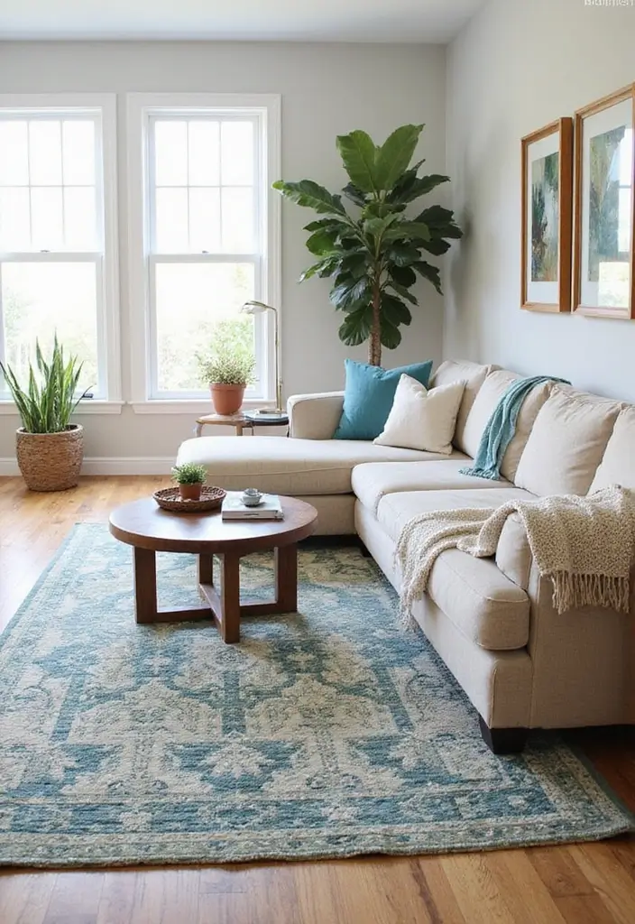 29 Blue and Green Living Room Ideas That Blend Freshness and Style 13 29 Blue and Green Living Room Ideas That Blend Freshness and Style - 13. Layering Rugs