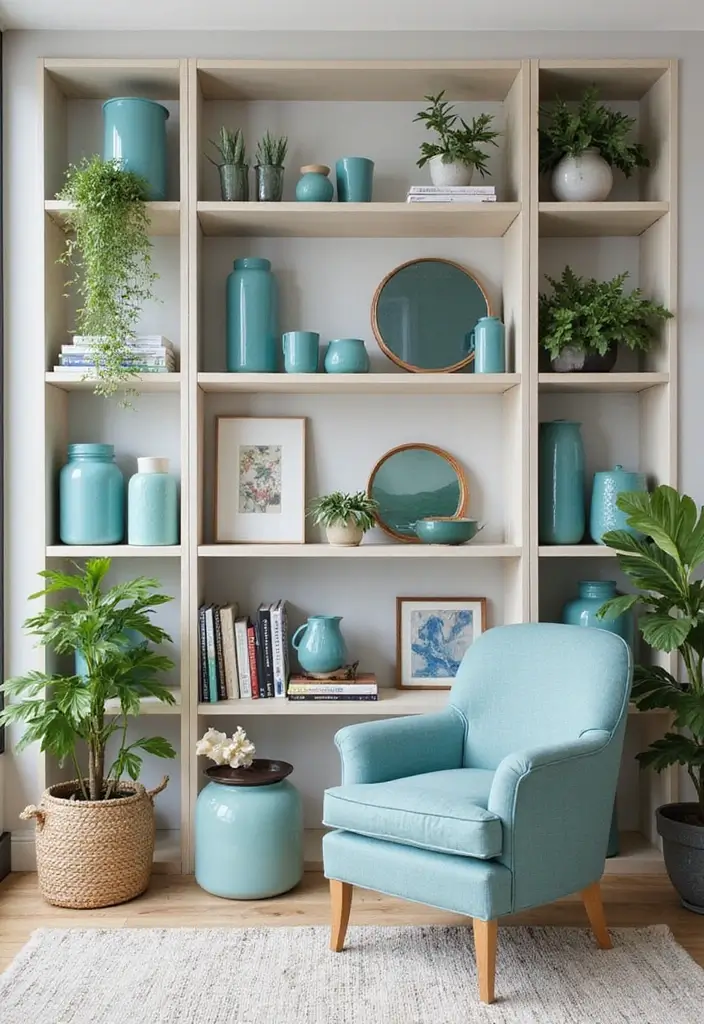 29 Blue and Green Living Room Ideas That Blend Freshness and Style 14 29 Blue and Green Living Room Ideas That Blend Freshness and Style - 14. Open Shelving
