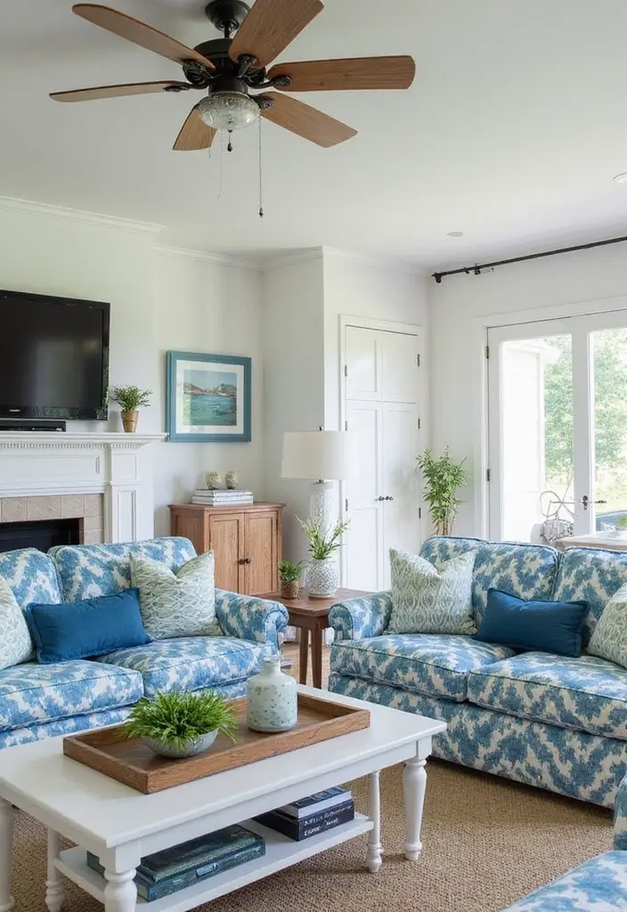 29 Blue and Green Living Room Ideas That Blend Freshness and Style 15 29 Blue and Green Living Room Ideas That Blend Freshness and Style - 15. Coastal Patterns
