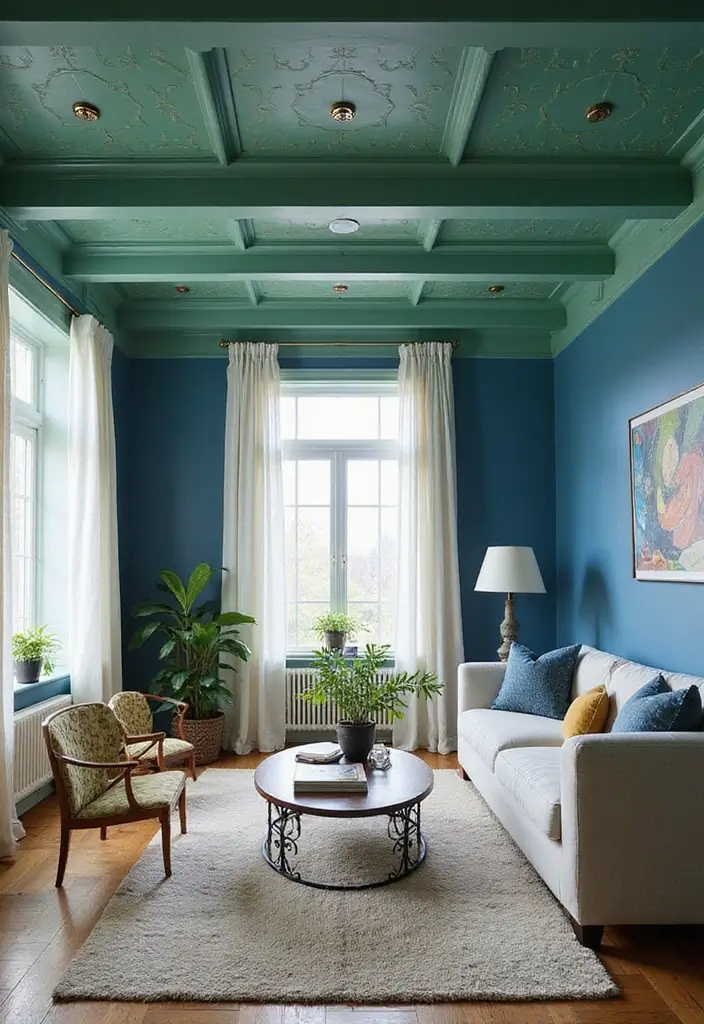 29 Blue and Green Living Room Ideas That Blend Freshness and Style 21 29 Blue and Green Living Room Ideas That Blend Freshness and Style - 21. Creative Ceiling Designs