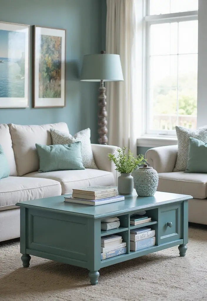 29 Blue and Green Living Room Ideas That Blend Freshness and Style 22 29 Blue and Green Living Room Ideas That Blend Freshness and Style - 22. Stylish Coffee Tables