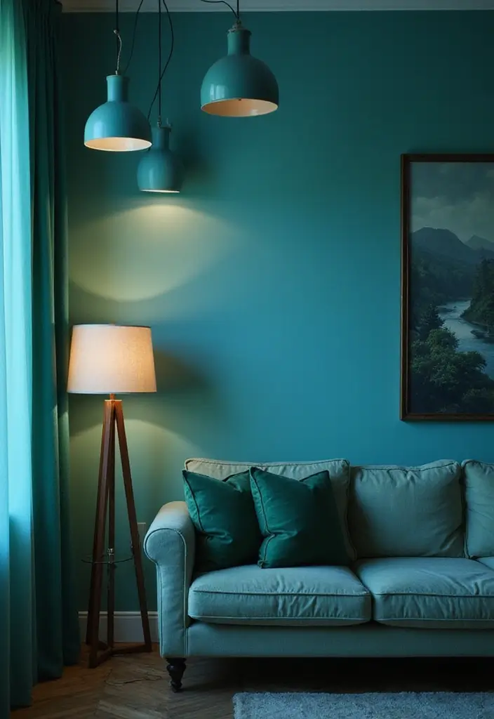 29 Blue and Green Living Room Ideas That Blend Freshness and Style 24 29 Blue and Green Living Room Ideas That Blend Freshness and Style - 24. Soft Lighting Fixtures
