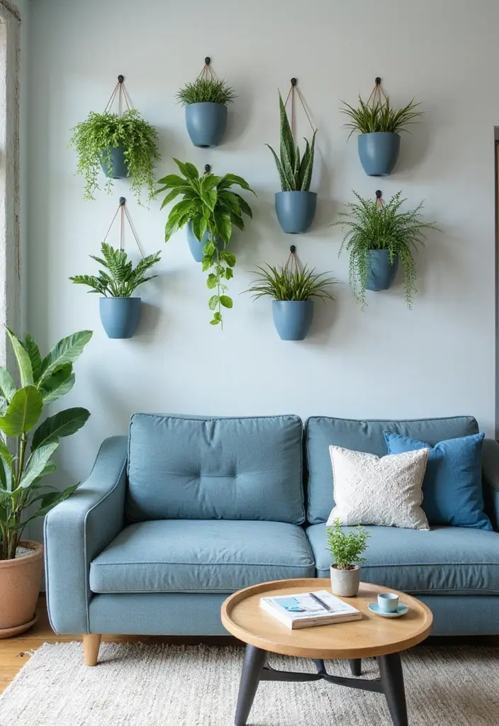 29 Blue and Green Living Room Ideas That Blend Freshness and Style 25 29 Blue and Green Living Room Ideas That Blend Freshness and Style - 25. Wall-Mounted Planters