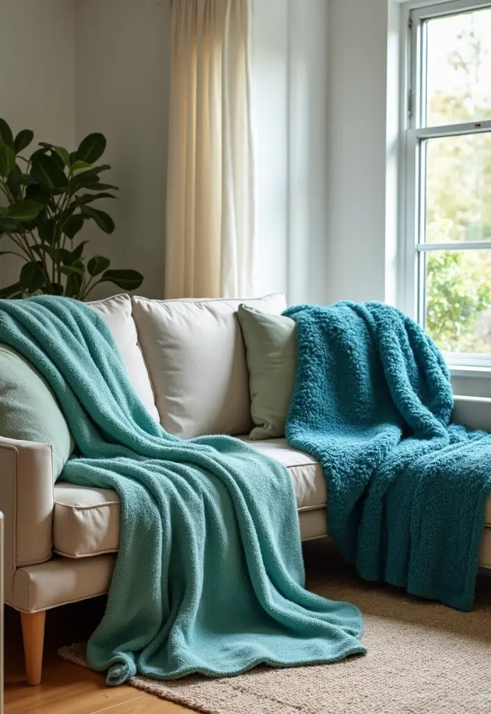 29 Blue and Green Living Room Ideas That Blend Freshness and Style 26 29 Blue and Green Living Room Ideas That Blend Freshness and Style - 26. Decorative Throw Blankets