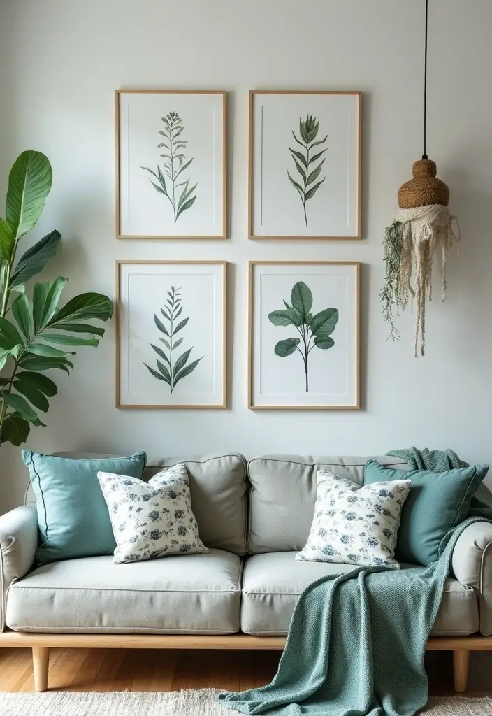 29 Blue and Green Living Room Ideas That Blend Freshness and Style 27 29 Blue and Green Living Room Ideas That Blend Freshness and Style - 27. Botanical Wall Art