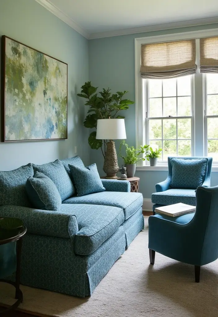 29 Blue and Green Living Room Ideas That Blend Freshness and Style 29 29 Blue and Green Living Room Ideas That Blend Freshness and Style - 29. Custom Upholstery