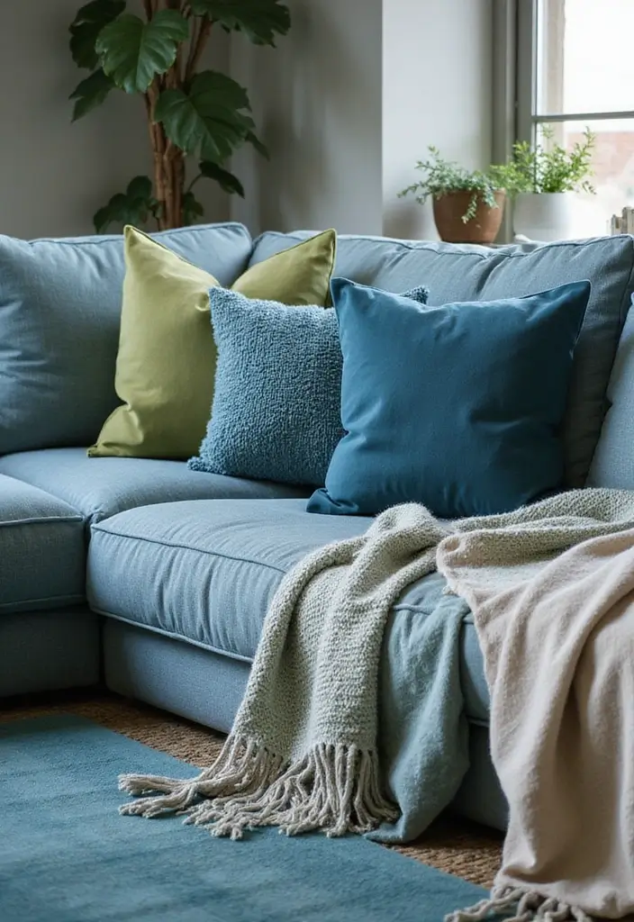 29 Blue and Green Living Room Ideas That Blend Freshness and Style 7 29 Blue and Green Living Room Ideas That Blend Freshness and Style - 7. Textured Fabrics