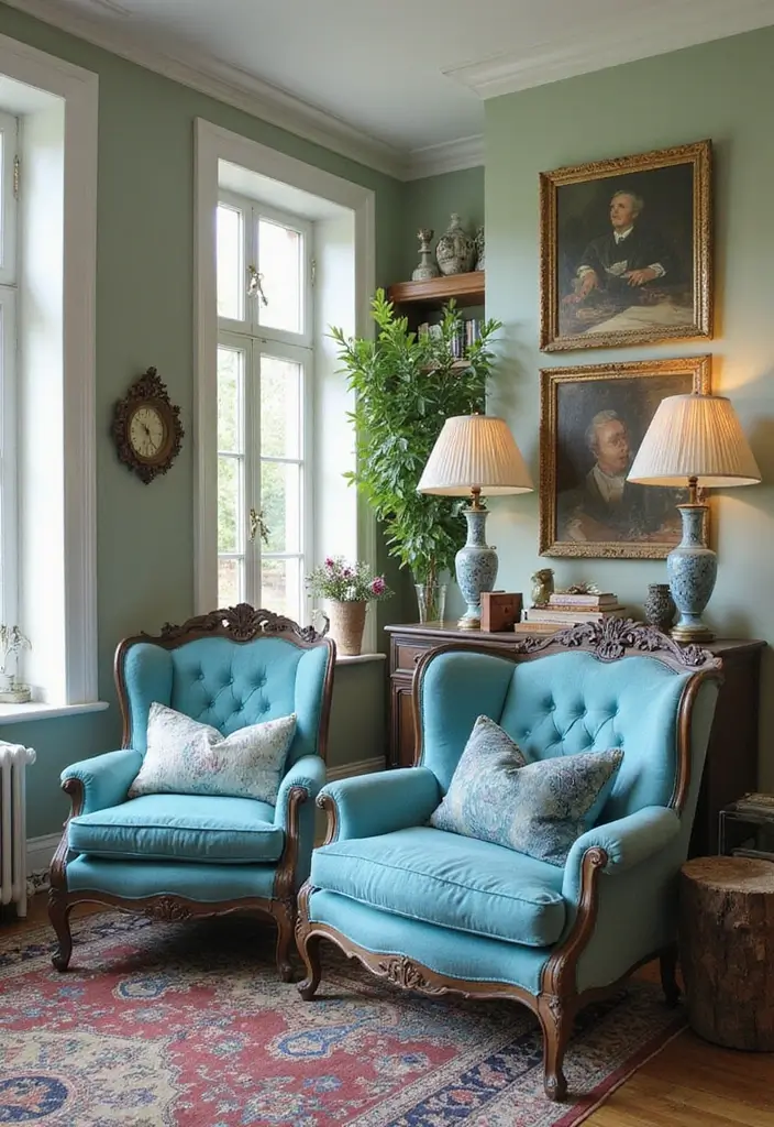 29 Blue and Green Living Room Ideas That Blend Freshness and Style 8 29 Blue and Green Living Room Ideas That Blend Freshness and Style - 8. Vintage Finds