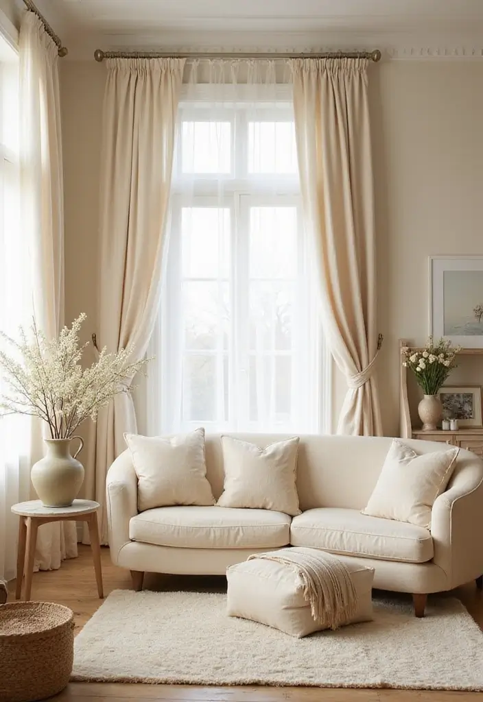 29 Cream Living Room Ideas That Elevate Soft Modern and Elegant Spaces 7 29 Cream Living Room Ideas That Elevate Soft Modern and Elegant Spaces - 7. Elegant Curtains for Soft Light Control