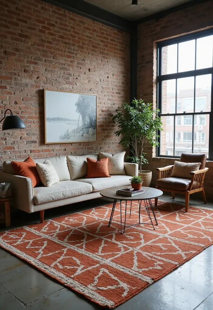 29 Industrial Living Room Designs That Showcase Raw and Stylish Aesthetics 11 29 Industrial Living Room Designs That Showcase Raw and Stylish Aesthetics - 11. Statement Rugs