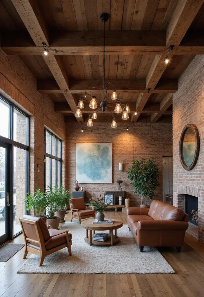 29 Industrial Living Room Designs That Showcase Raw and Stylish Aesthetics 19 29 Industrial Living Room Designs That Showcase Raw and Stylish Aesthetics - 19. Rustic Wood Beams