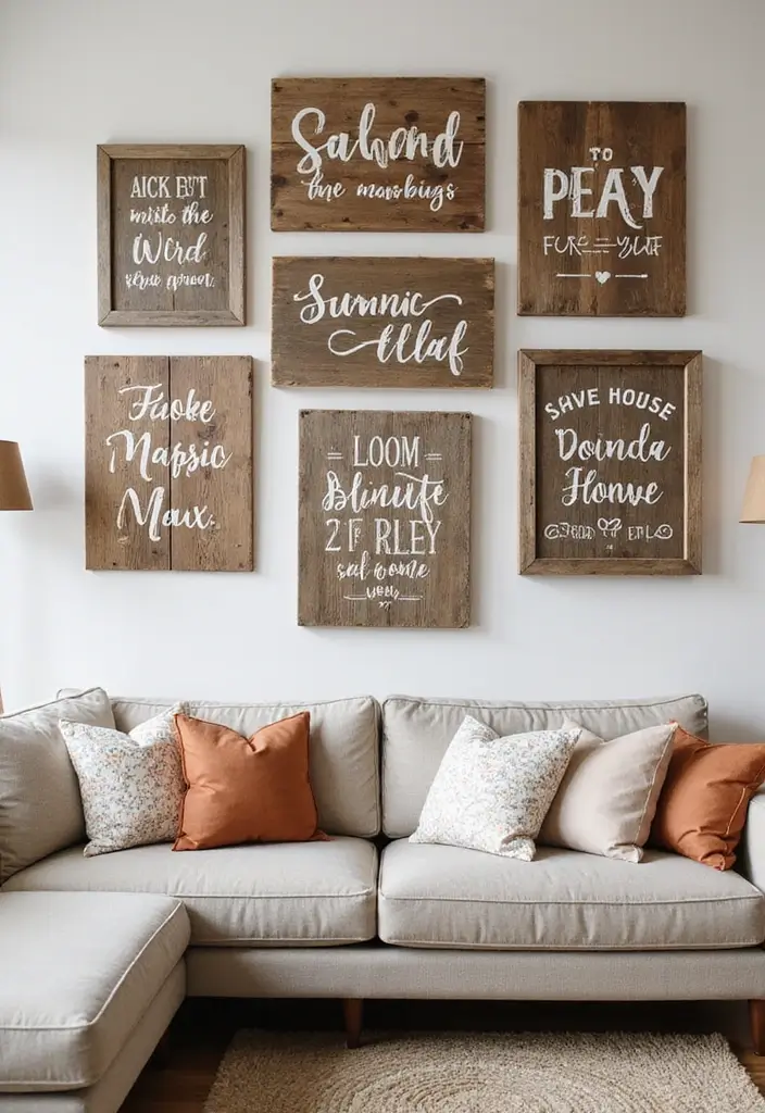 29 Large Living Room Wall Decor Ideas That Fill Big Empty Walls Beautifully 24 29 Large Living Room Wall Decor Ideas That Fill Big Empty Walls Beautifully - 24. Rustic Wooden Signs