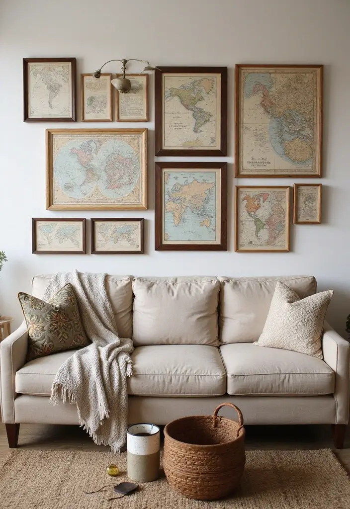 29 Large Living Room Wall Decor Ideas That Fill Big Empty Walls Beautifully 26 29 Large Living Room Wall Decor Ideas That Fill Big Empty Walls Beautifully - 26. Vintage Framed Maps