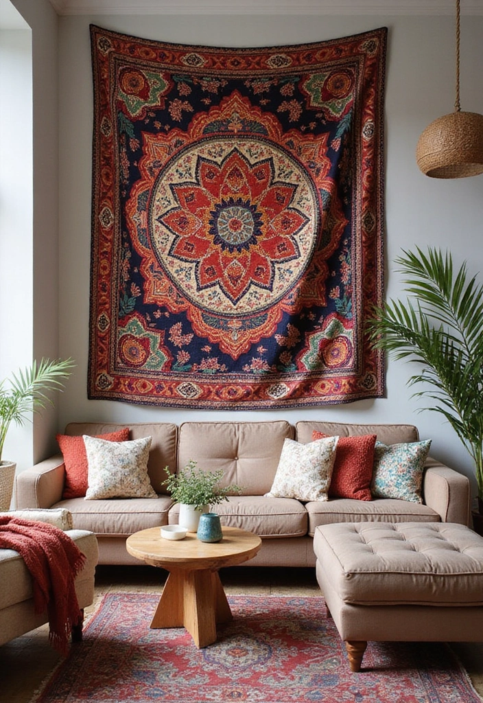 29 Large Living Room Wall Decor Ideas That Fill Big Empty Walls Beautifully 4 29 Large Living Room Wall Decor Ideas That Fill Big Empty Walls Beautifully - 4. Tapestries for Texture and Color