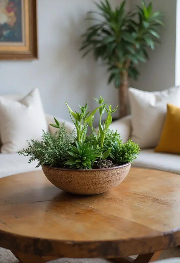 29 Living Room Plants Decor Ideas That Add Greenery and Freshness 13 29 Living Room Plants Decor Ideas That Add Greenery and Freshness - 13. Cozy Table Centerpiece with Indoor Plants