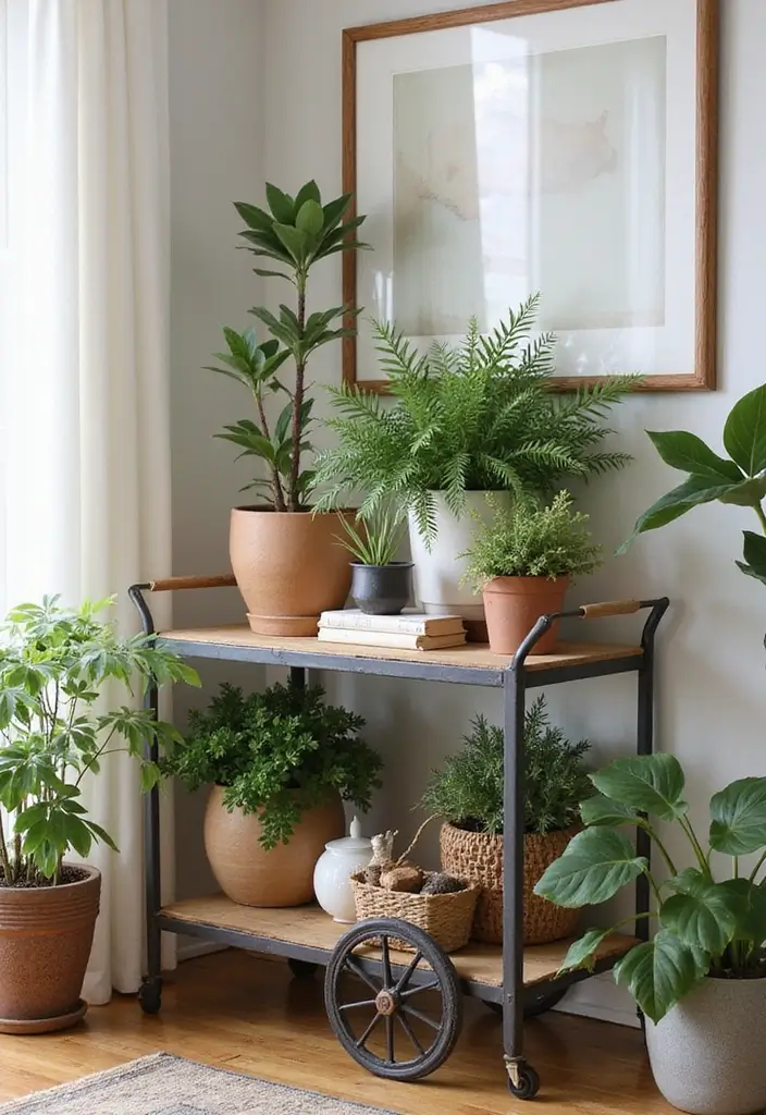 29 Living Room Plants Decor Ideas That Add Greenery and Freshness 17 29 Living Room Plants Decor Ideas That Add Greenery and Freshness - 17. Vintage Plant Cart