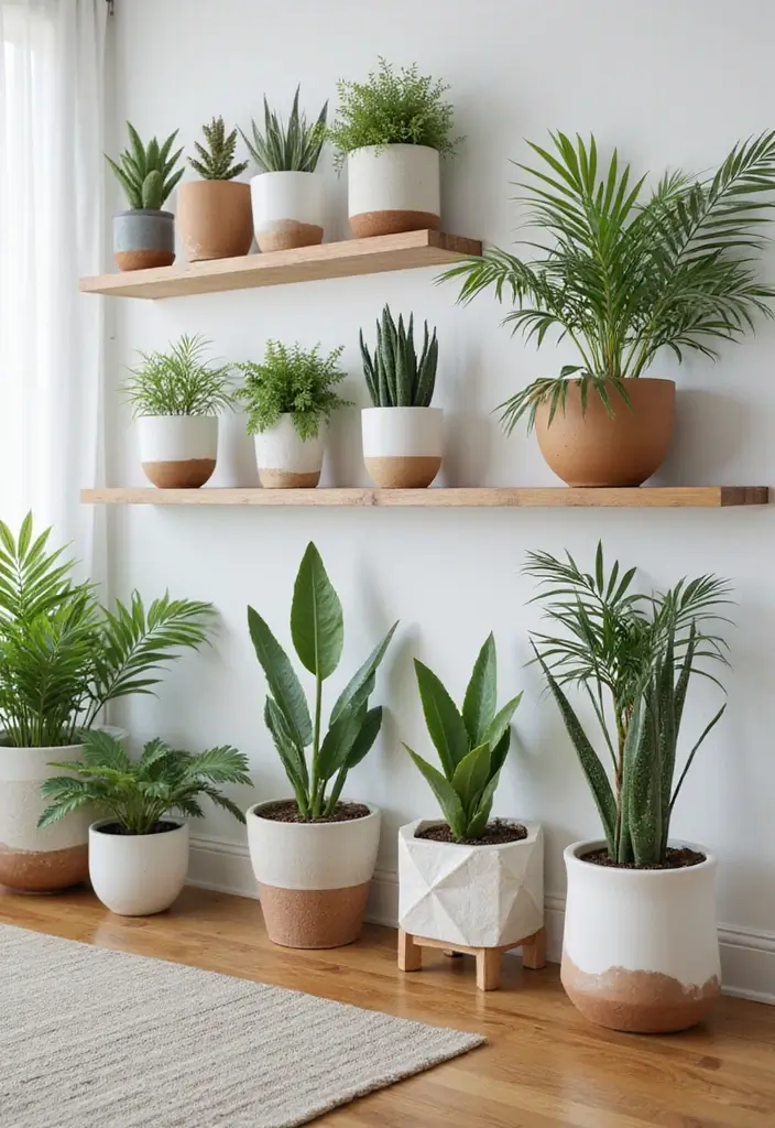 29 Living Room Plants Decor Ideas That Add Greenery and Freshness 18 29 Living Room Plants Decor Ideas That Add Greenery and Freshness - 18. Modern Geometric Plant Holders