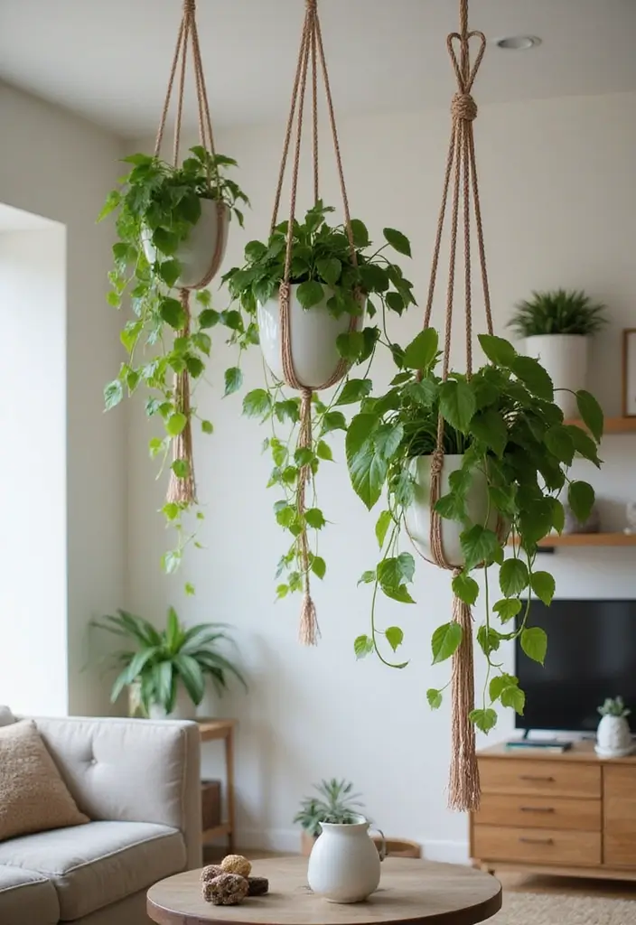 29 Living Room Plants Decor Ideas That Add Greenery and Freshness 2 29 Living Room Plants Decor Ideas That Add Greenery and Freshness - 2. Hanging Pothos Plant Display