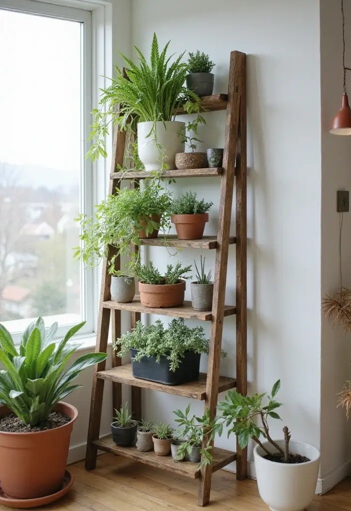 29 Living Room Plants Decor Ideas That Add Greenery and Freshness 21 29 Living Room Plants Decor Ideas That Add Greenery and Freshness - 21. Creative Plant Ladder Display