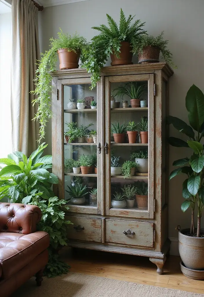 29 Living Room Plants Decor Ideas That Add Greenery and Freshness 25 29 Living Room Plants Decor Ideas That Add Greenery and Freshness - 25. Vintage-inspired Greenhouse Cabinet