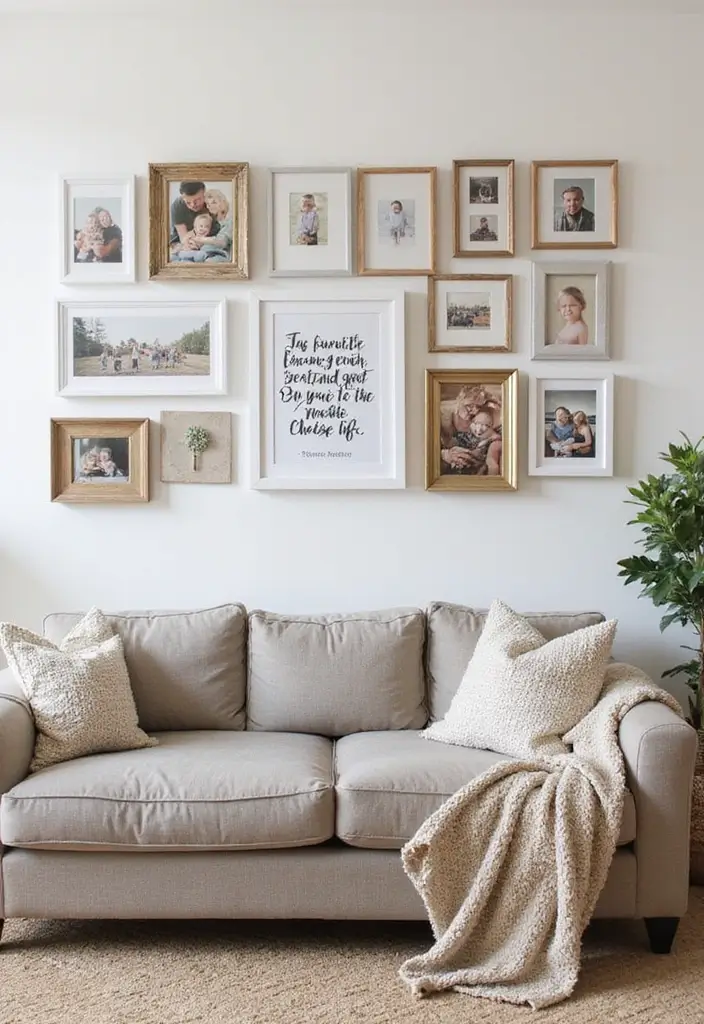 29 Modern Farmhouse Living Room Ideas Full of Rustic Elegance 14 29 Modern Farmhouse Living Room Ideas Full of Rustic Elegance - 14. Personalized Wall Art