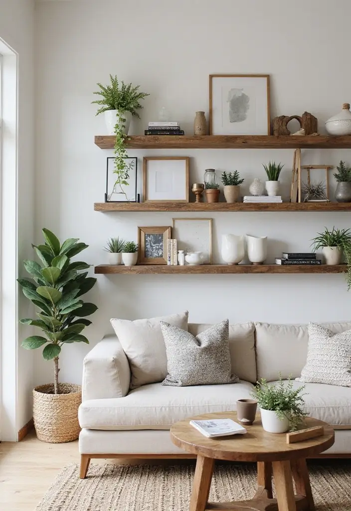 29 Modern Farmhouse Living Room Ideas Full of Rustic Elegance 7 29 Modern Farmhouse Living Room Ideas Full of Rustic Elegance - 7. Open Shelving