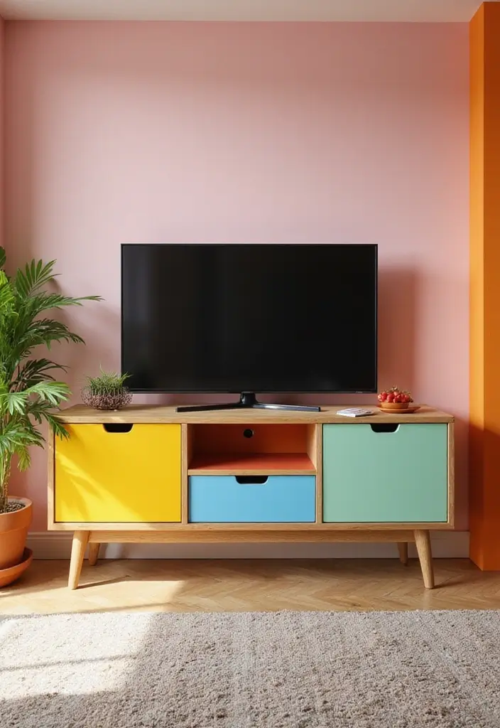 29 TV Cabinet Design for Living Room Ideas That Maximize Space and Style 13 29 TV Cabinet Design for Living Room Ideas That Maximize Space and Style - 13. Colorful TV Cabinets
